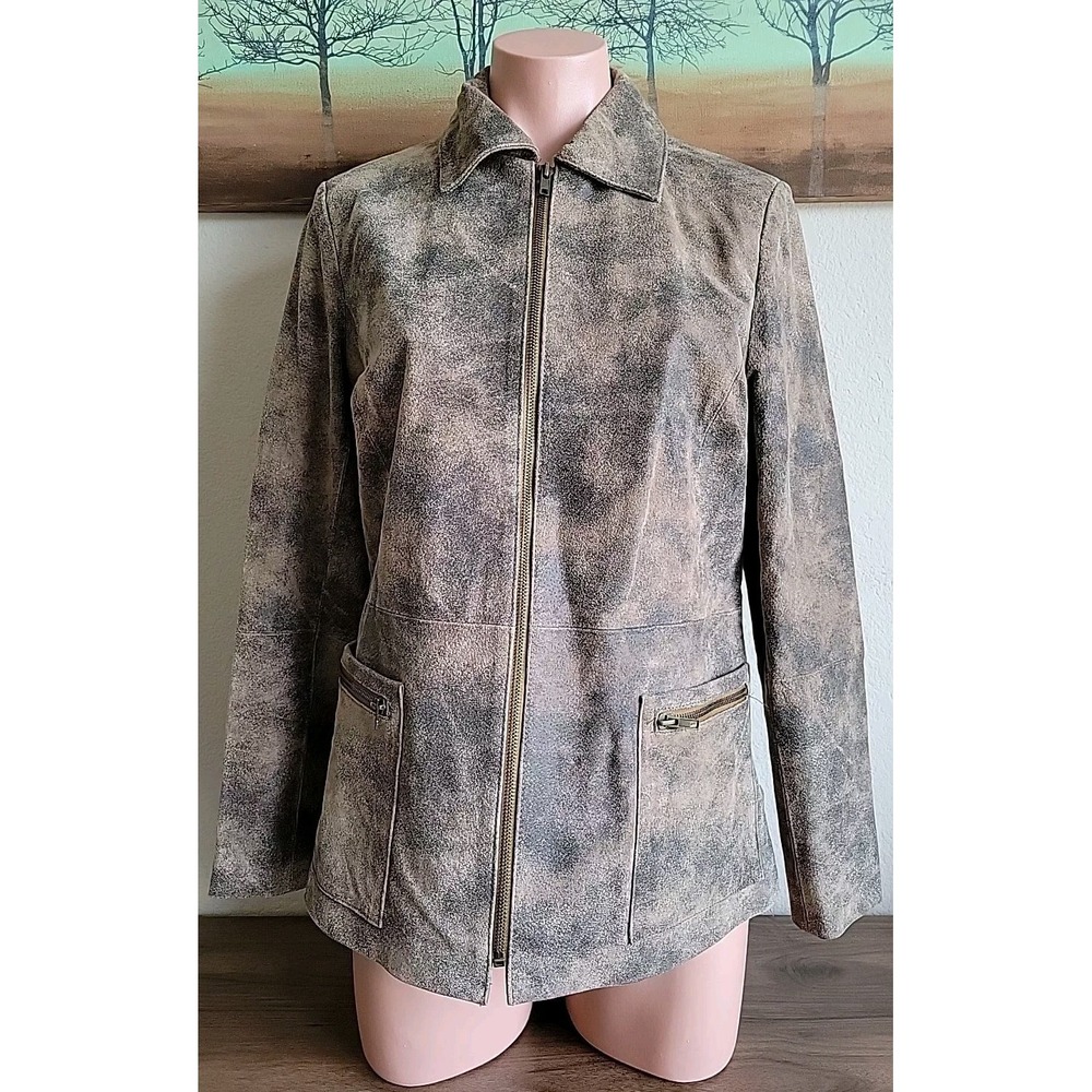 Vintage Womens Camo Brown Leather Jacket Size XS Military Aviator Style 80s 90s
